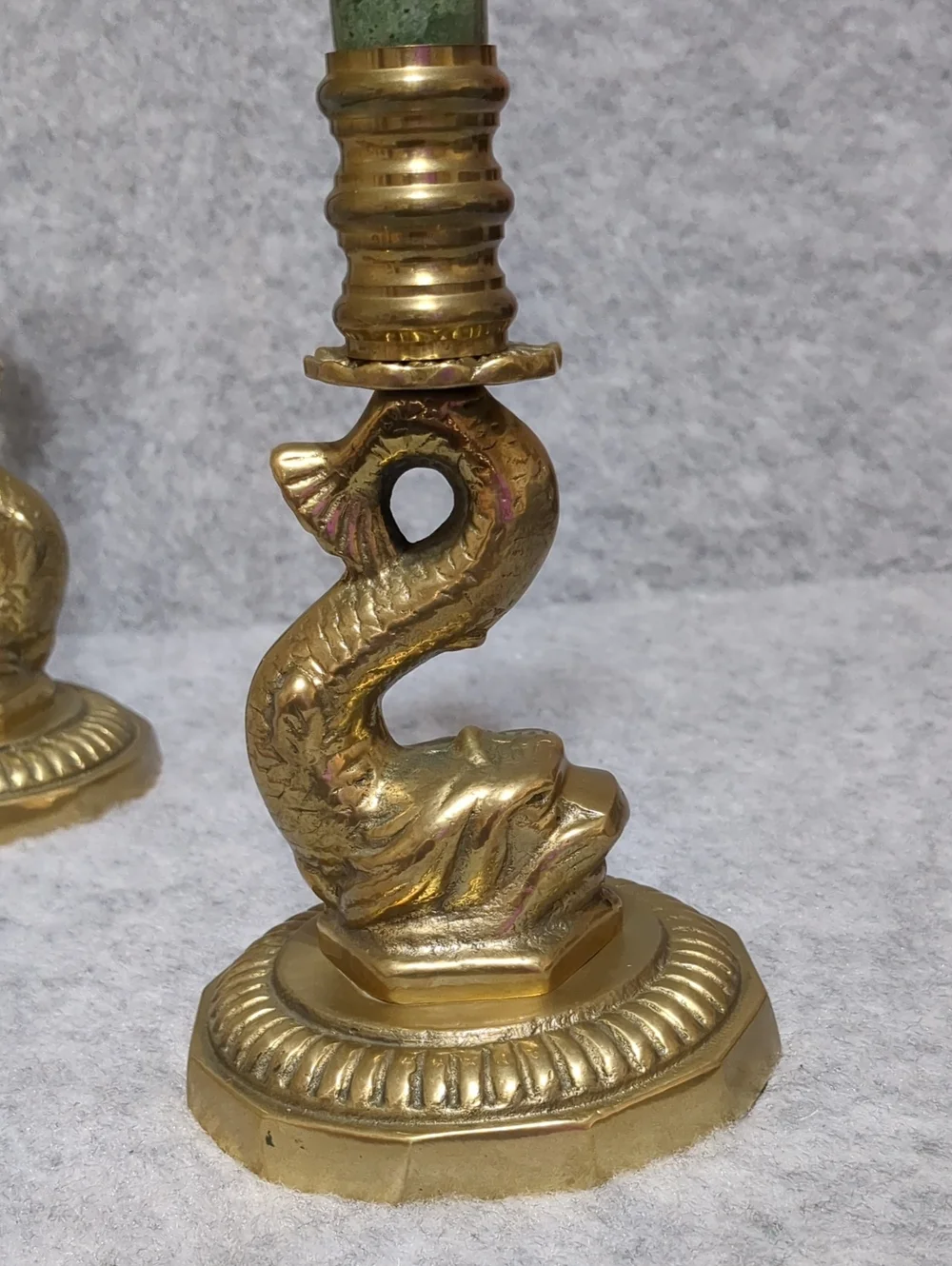 Vintage Brass Green Marble Koi Fish Lot Of 2 Candlestick Holders